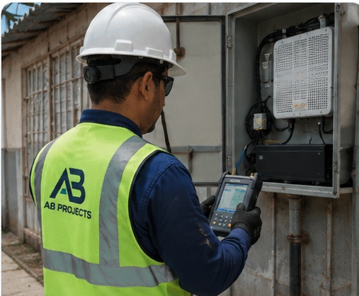Personal técnico en campo con EPP realizando verificaciones